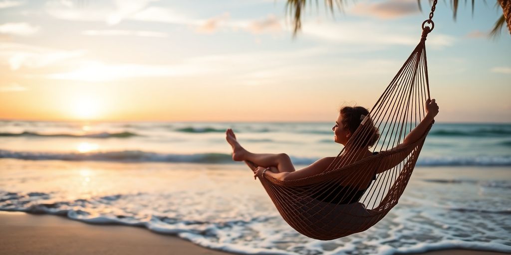 Person relaxing in a hammock on a serene beach.